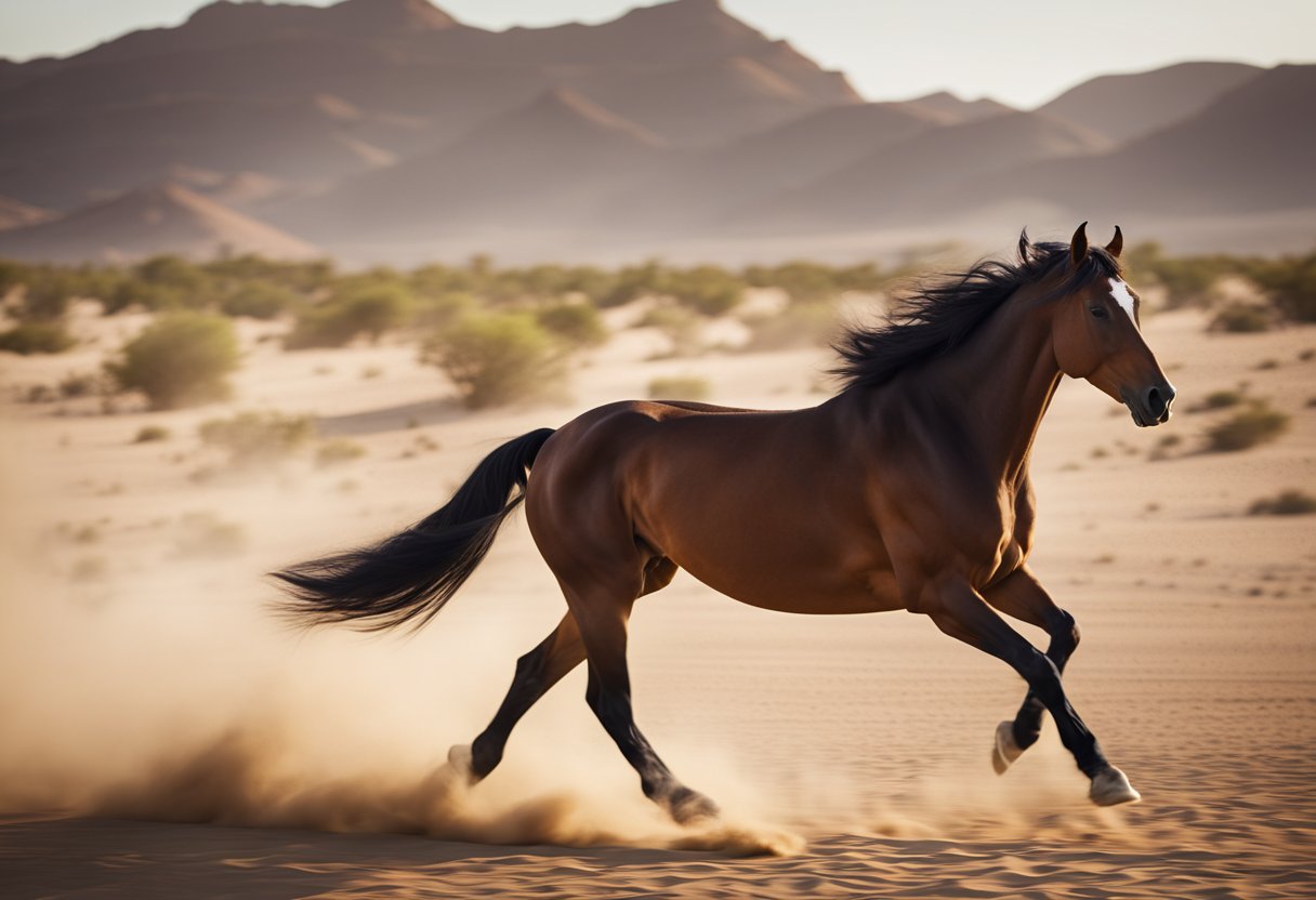 En arabisk hest som galopperer gjennom et ørkenlandskap, med sin muskuløse fysikk og elegante trekk i fokus