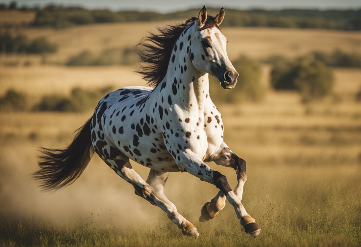 En majestetisk Appaloosa som galopperer gjennom en solfylt eng, med sin prikkete pels som glitrer i det gyldne lyset