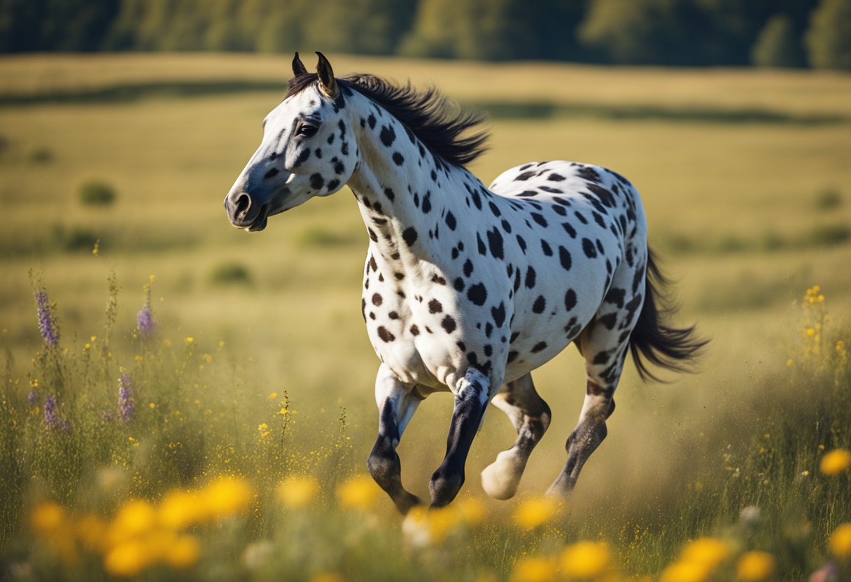 En majestetisk Appaloosa-hest som galopperer gjennom en fargerik eng, med sin karakteristiske flekkete pels som glitrer i sollyset