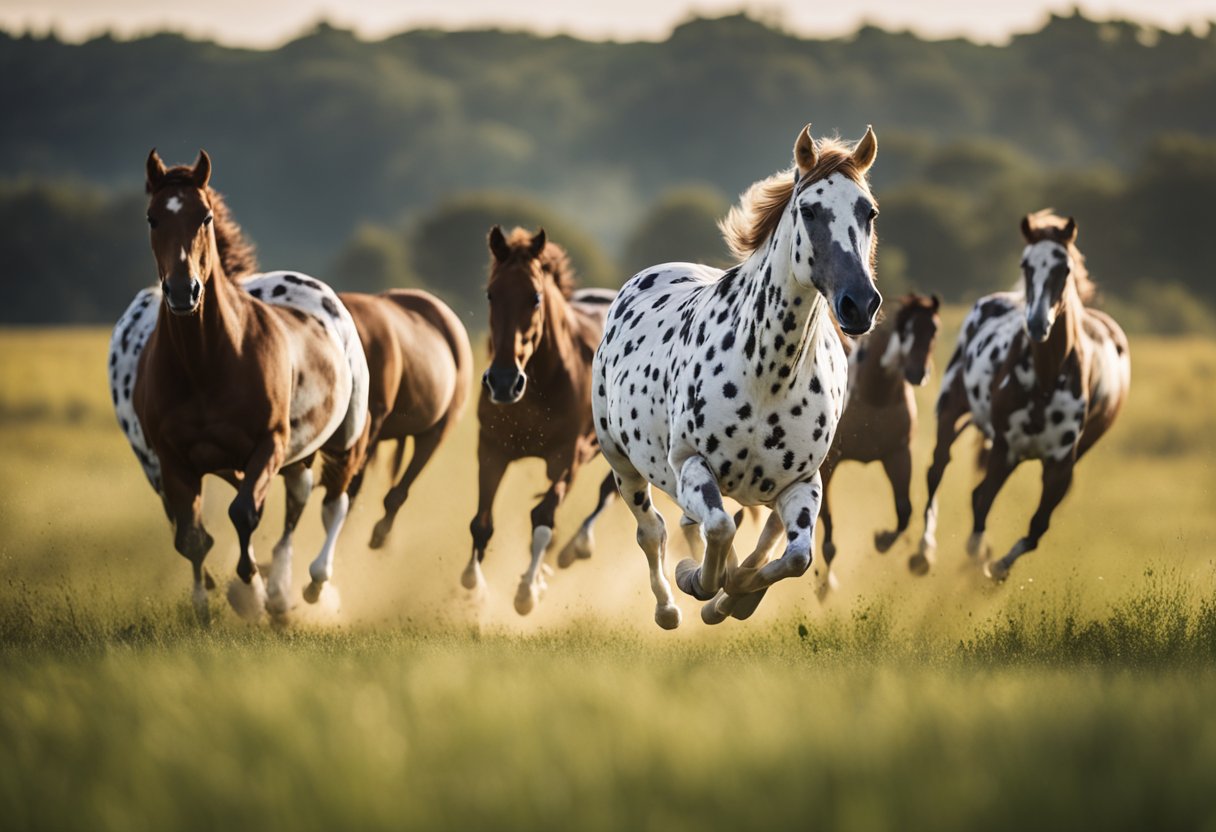 En flokk Appaloosa-hester som galopperer gjennom en gresskledd eng, deres karakteristiske flekkete pels skinner i sollyset.