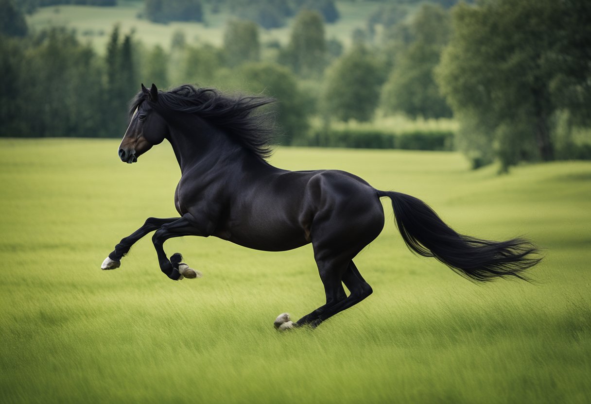 En majestetisk frieserhest som galopperer gjennom en frodig grønn eng, med sin flytende manke og hale som skaper en følelse av kraft og eleganse