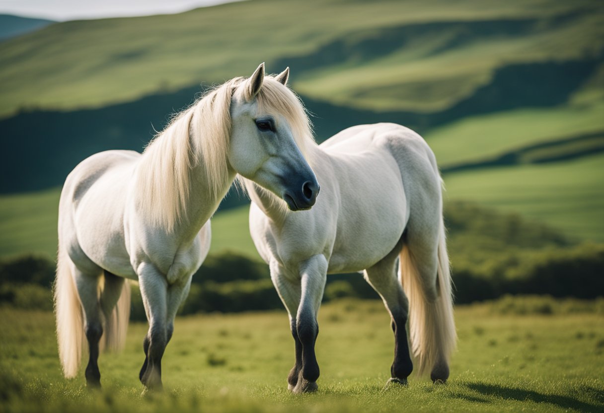 En Connemara-poney som står stolt i et frodig grønt felt, med bølgende åser og en klar blå himmel i bakgrunnen