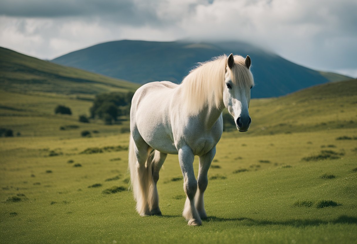 En Connemara-poney som beiter i et frodig grønt felt, med bølgende åser og en klar blå himmel i bakgrunnen