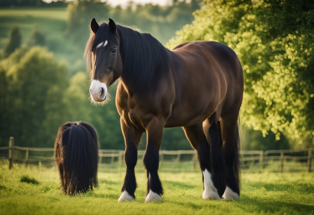 En Shire-hest som står i en frodig grønn eng, med sin kraftige kropp og karakteristiske fjærkledde hover i fokus. Hestens milde uttrykk og store størrelse blir fremhevet.