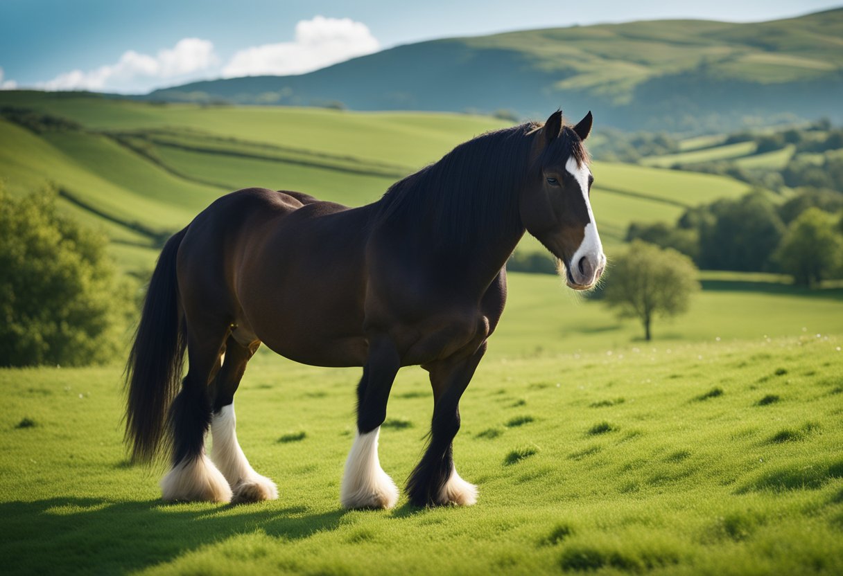 En Shire-hest som står i en frodig grønn eng, med bølgende åser i bakgrunnen og en klar blå himmel over.