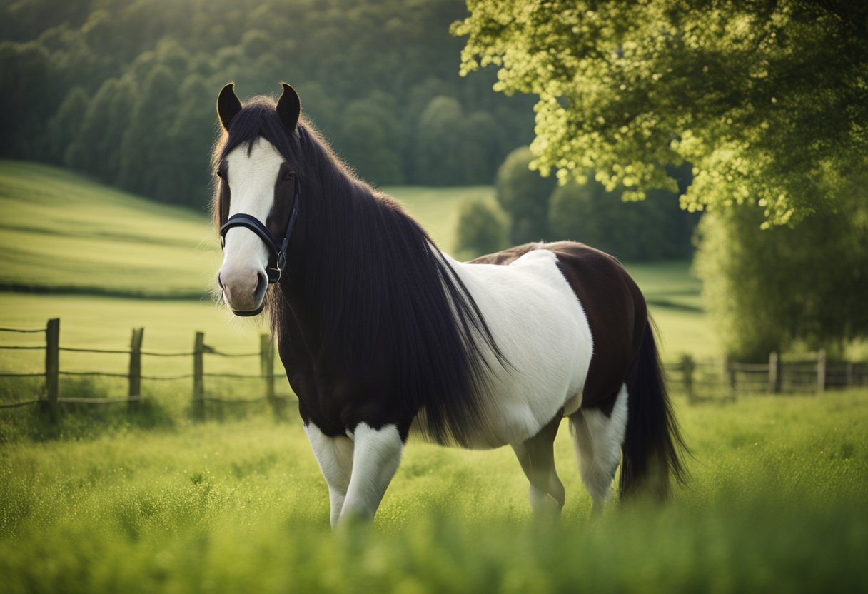 En Shire-hest som beiter i en frodig grønn eng, med en flytende manke og milde øyne