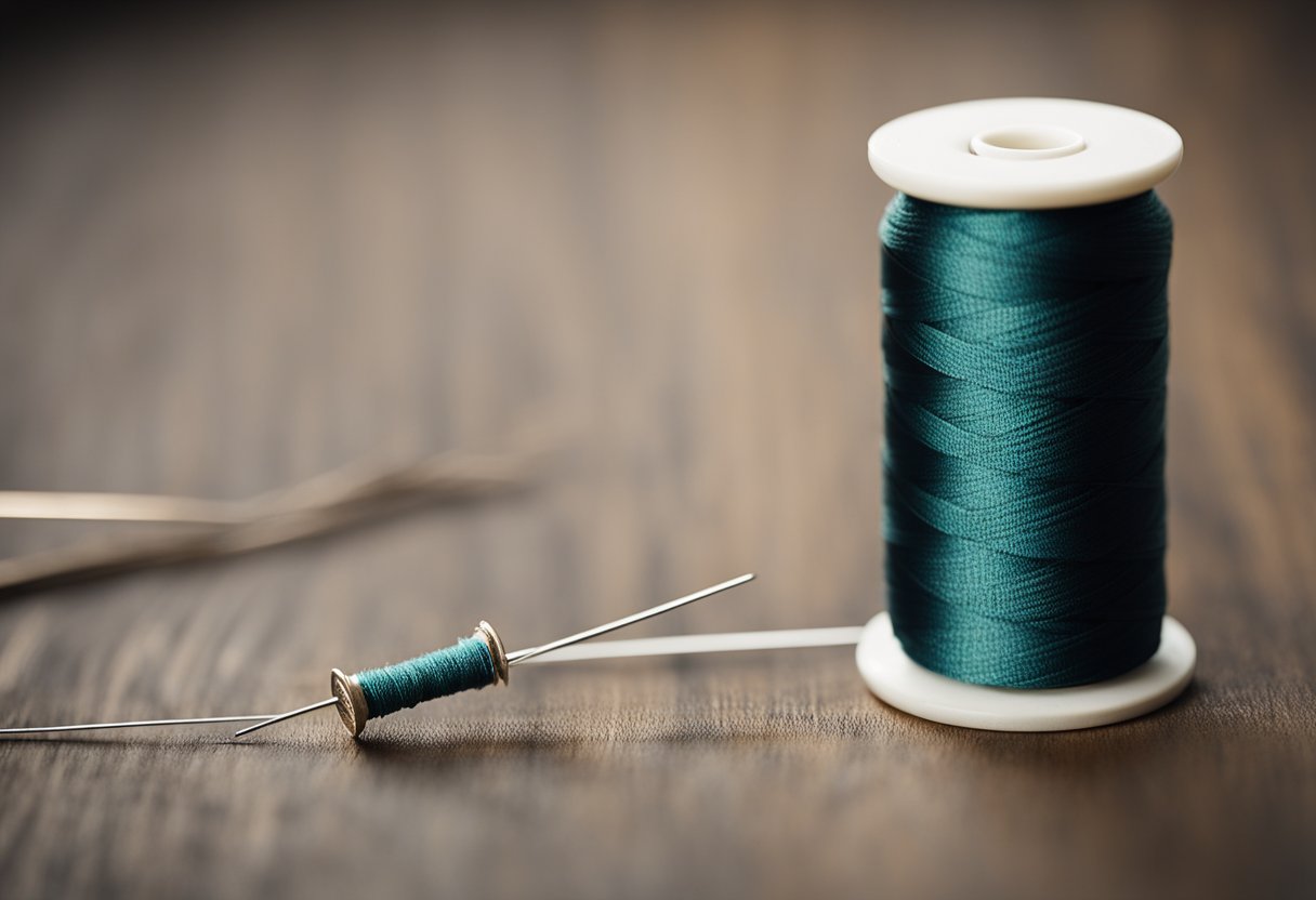 A spool of sewing thread unwinding with a needle nearby