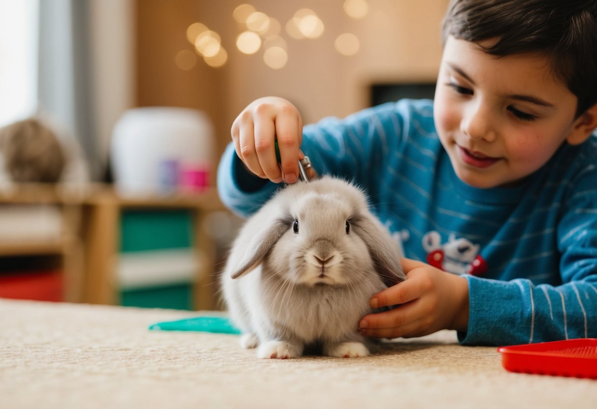 A child grooming a fluffy rabbit for a 4H project