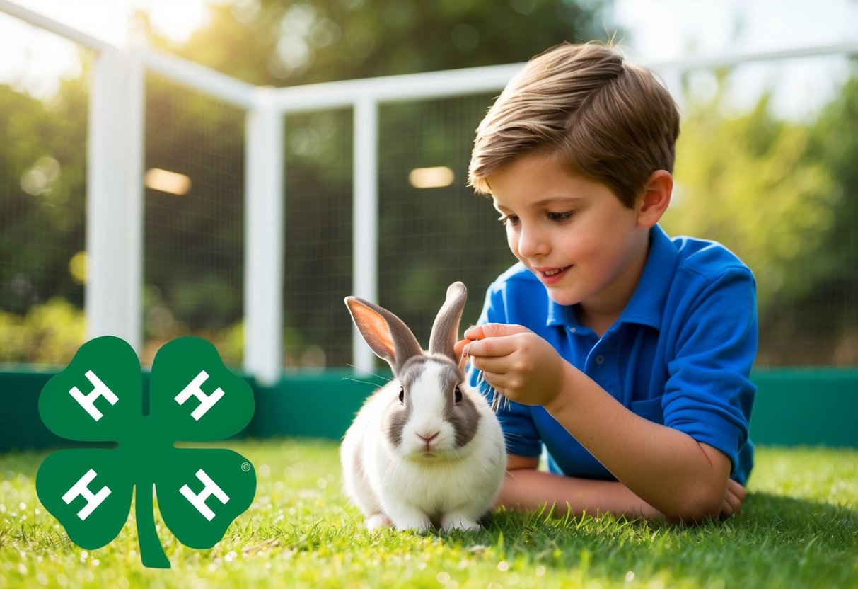 A child grooming and feeding their pet rabbit in a clean, spacious outdoor enclosure with a 4-H logo displayed prominently