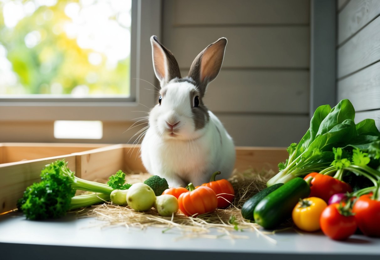 A healthy rabbit enjoying a variety of fresh vegetables and hay in a clean, spacious hutch with plenty of natural light