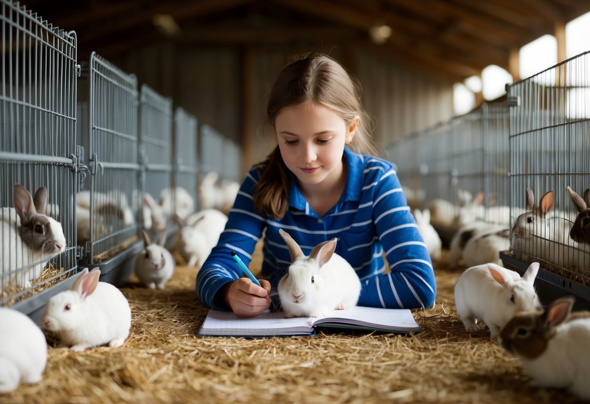 A young girl in a barn with her pet rabbit, surrounded by cages of breeding rabbits. She is diligently recording information in a notebook for her 4H project