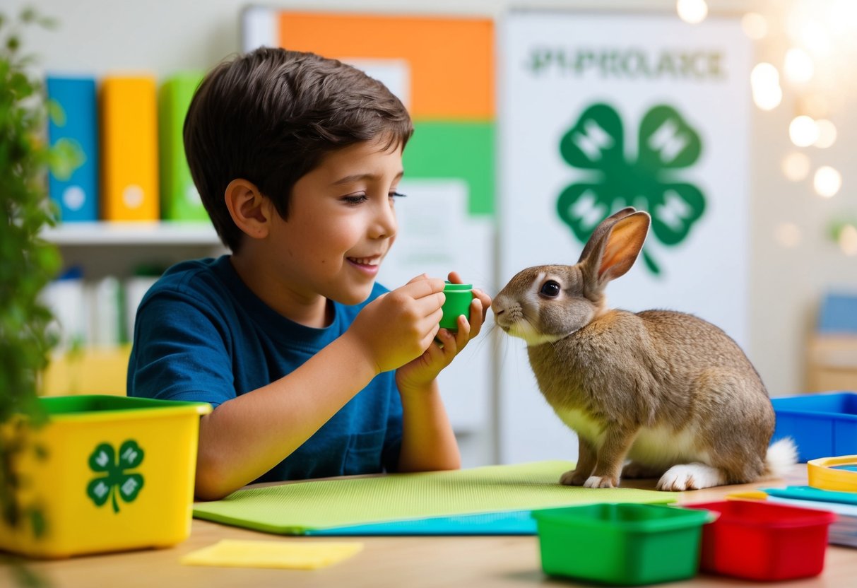 A child feeding a pet rabbit in a 4H project setting with resources and support materials in the background