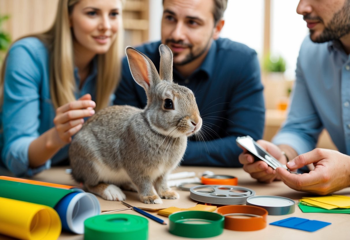 A young rabbit surrounded by a variety of 4H project materials and a pet owner asking questions