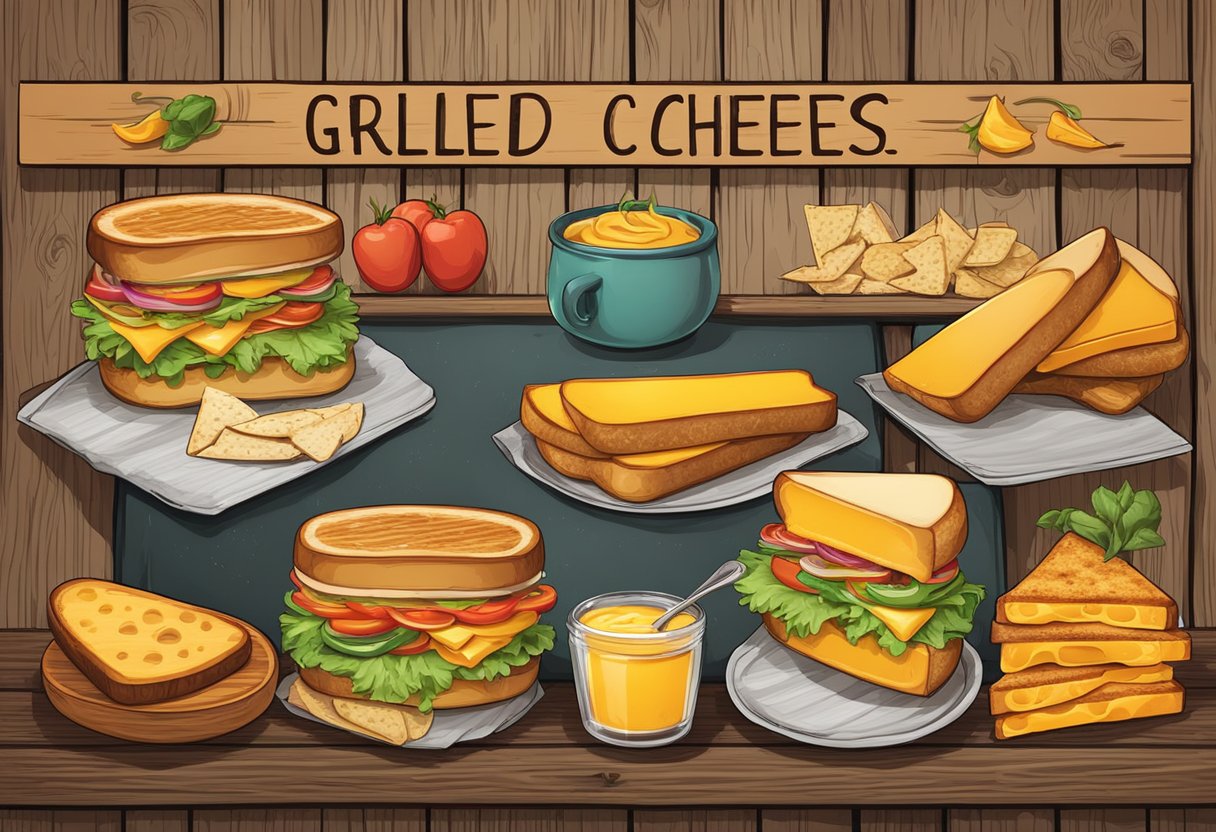 A colorful menu board with various types of grilled cheese sandwiches and sides displayed on a rustic wooden background