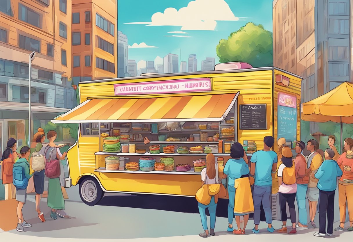 A colorful food truck surrounded by hungry customers, with a vibrant menu displayed on the side