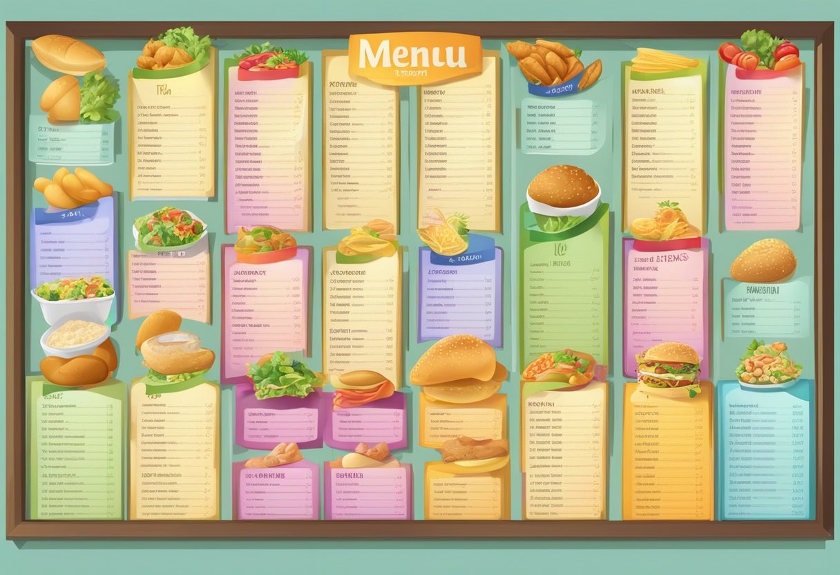 A colorful menu board with various food items and prices displayed in a clear and organized manner