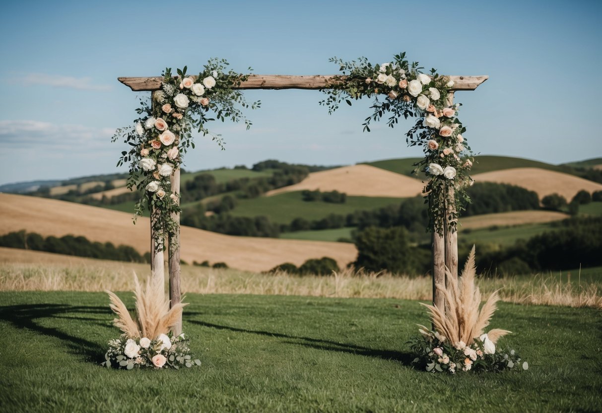 A rustic wooden wedding arch adorned with flowers and greenery stands against a backdrop of rolling hills and a clear blue sky