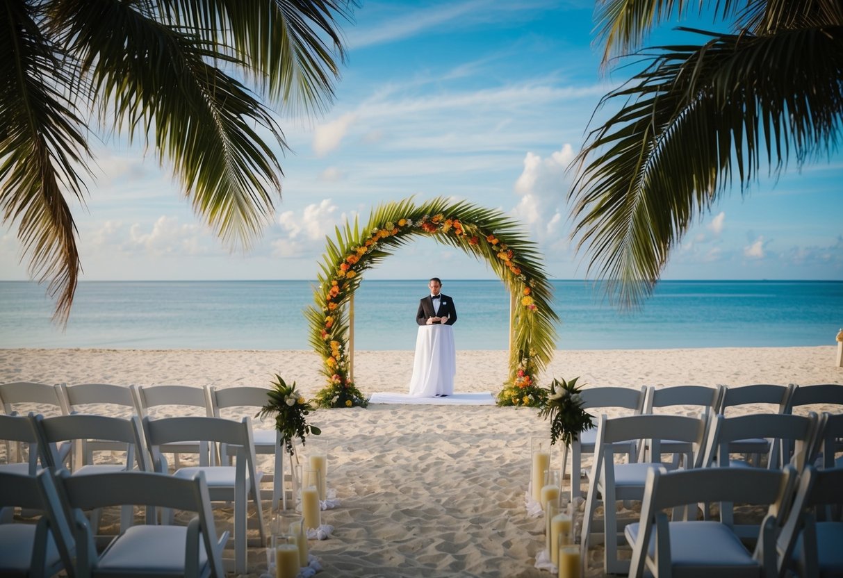 A tropical palm arch frames a wedding ceremony on a sandy beach