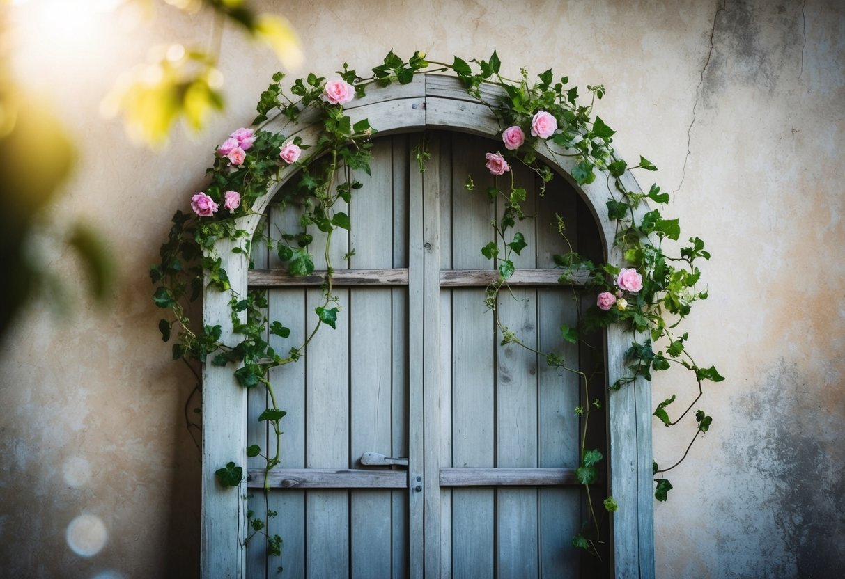 A weathered wooden door frame arch adorned with flowers and vines, set against a rustic backdrop