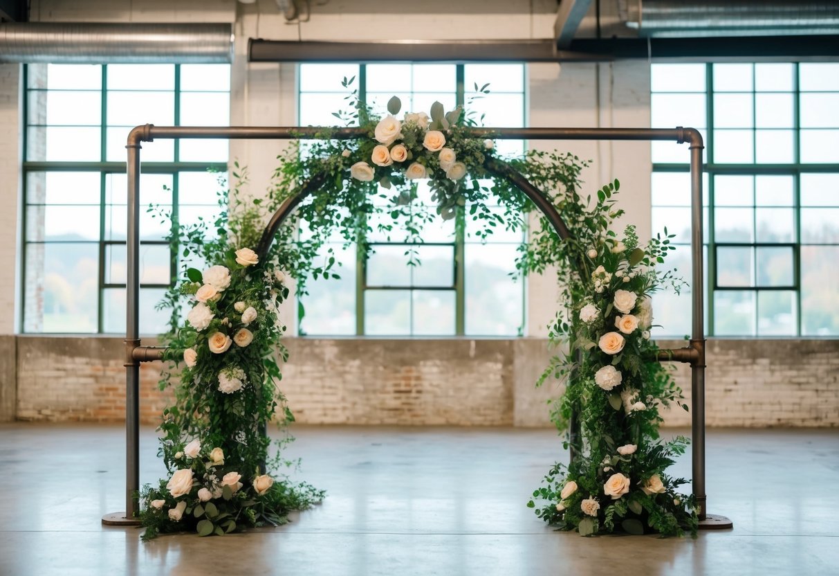 An industrial pipe arch adorned with greenery and flowers, creating a unique and modern wedding backdrop