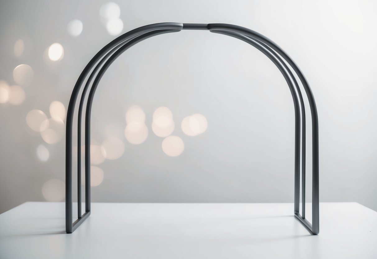 A sleek metal arch stands against a white backdrop, with clean lines and minimalistic design