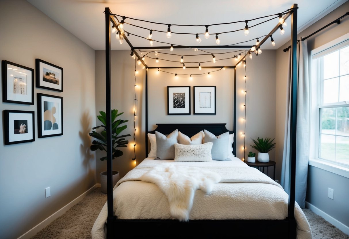 A cozy bedroom with a canopy bed, string lights, and plush throw pillows. A gallery wall of framed art and a potted plant add personality