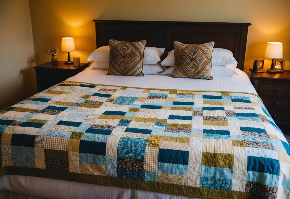 A cozy bedroom with a handmade patchwork quilt spread across a neatly made bed, surrounded by warm lighting and decorative pillows