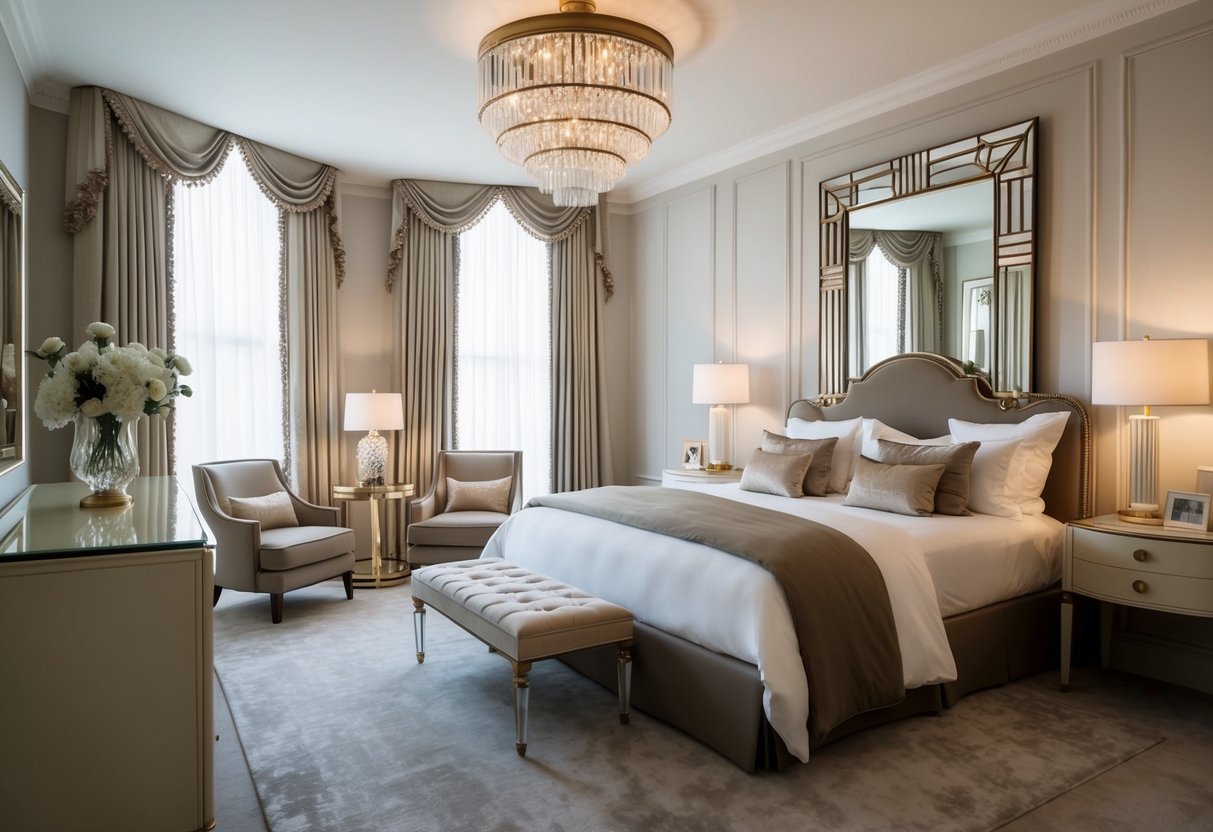 A luxurious bedroom with an Art Deco mirror as the focal point, surrounded by elegant furniture and glamorous decor