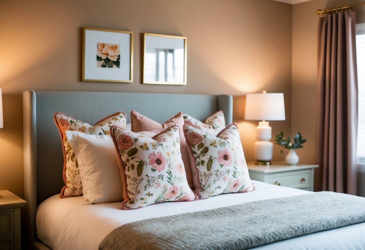 A cozy bedroom with a bed adorned with floral accent pillows, soft lighting, and a warm color palette