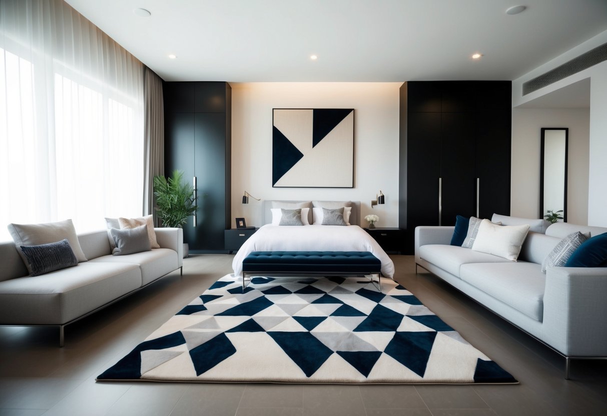 A modern bedroom with a geometric area rug as the centerpiece, surrounded by sleek furniture and minimalist decor