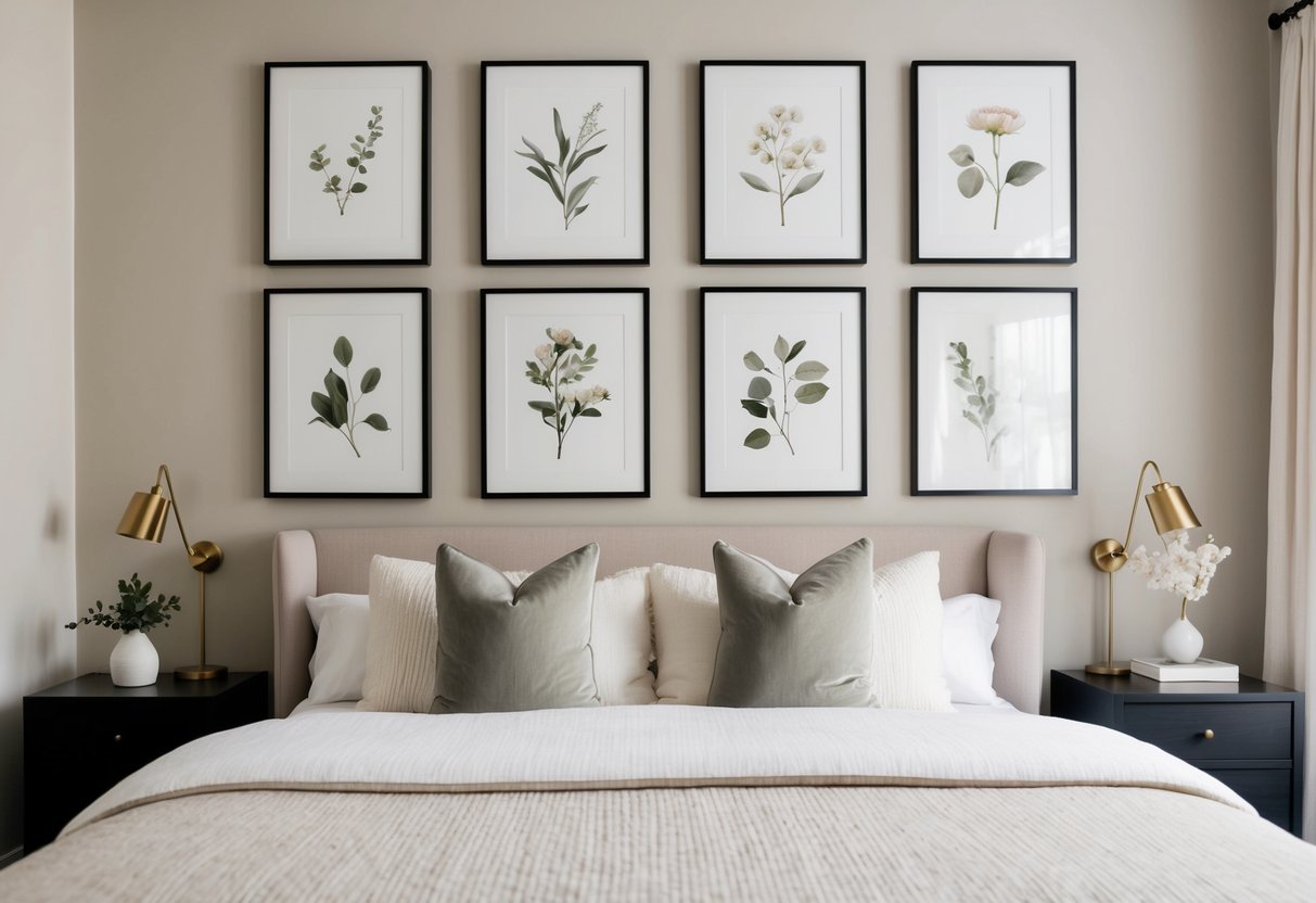 A cozy bedroom with a neutral color scheme and a gallery wall of framed botanical prints above the bed. The prints feature delicate flowers and leaves in soft, muted tones