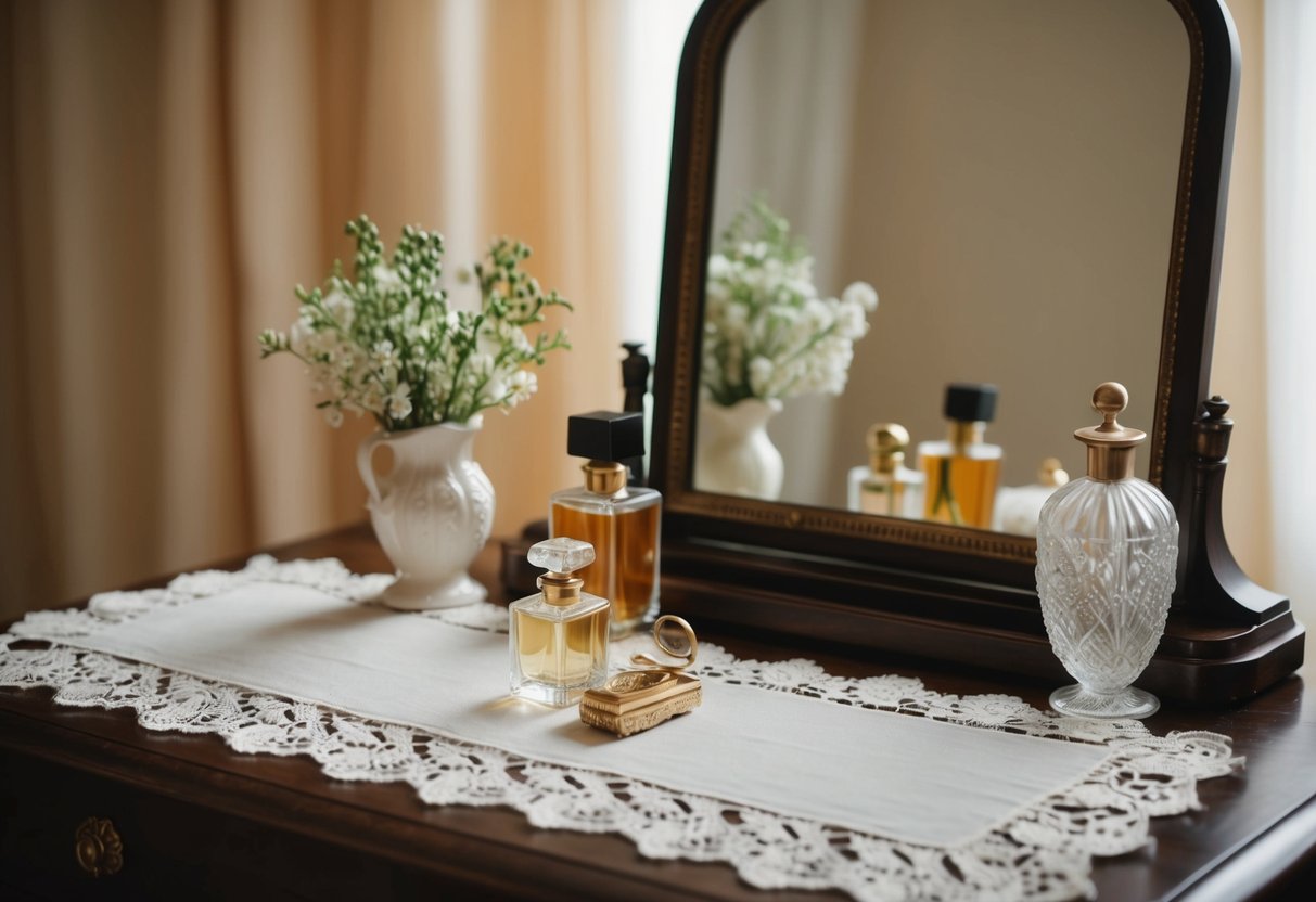 A vintage vanity table adorned with a lace runner, antique perfume bottles, and a delicate hand mirror