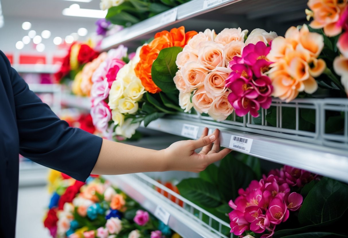 A hand reaching for a bouquet of colorful silk flowers on a store shelf