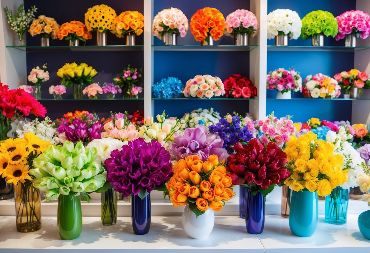 A colorful display of various silk flowers arranged in a shop, with different types and colors on shelves and in vases