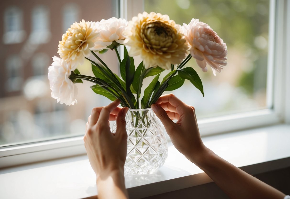 A pair of delicate hands arranging silk flowers in a crystal vase on a sunlit windowsill