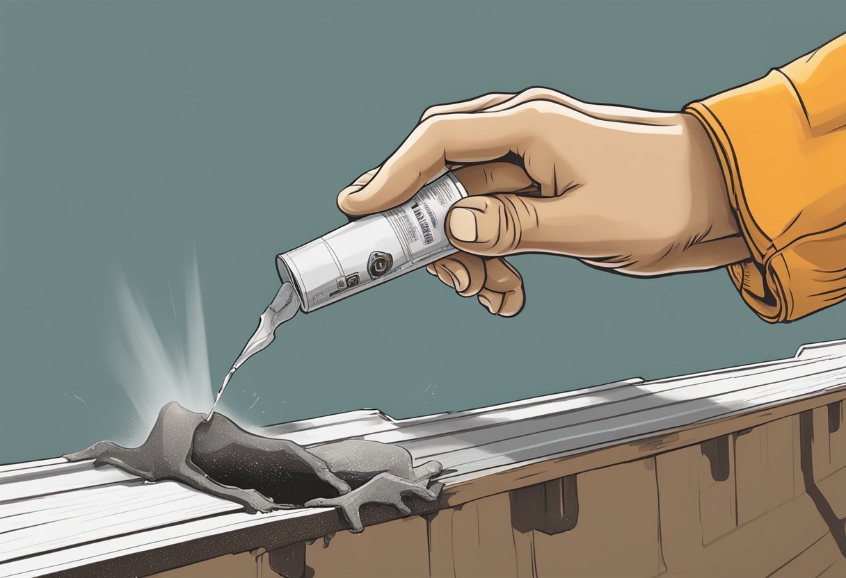 A hand reaching for a tube of gorilla glue next to a damaged gutter