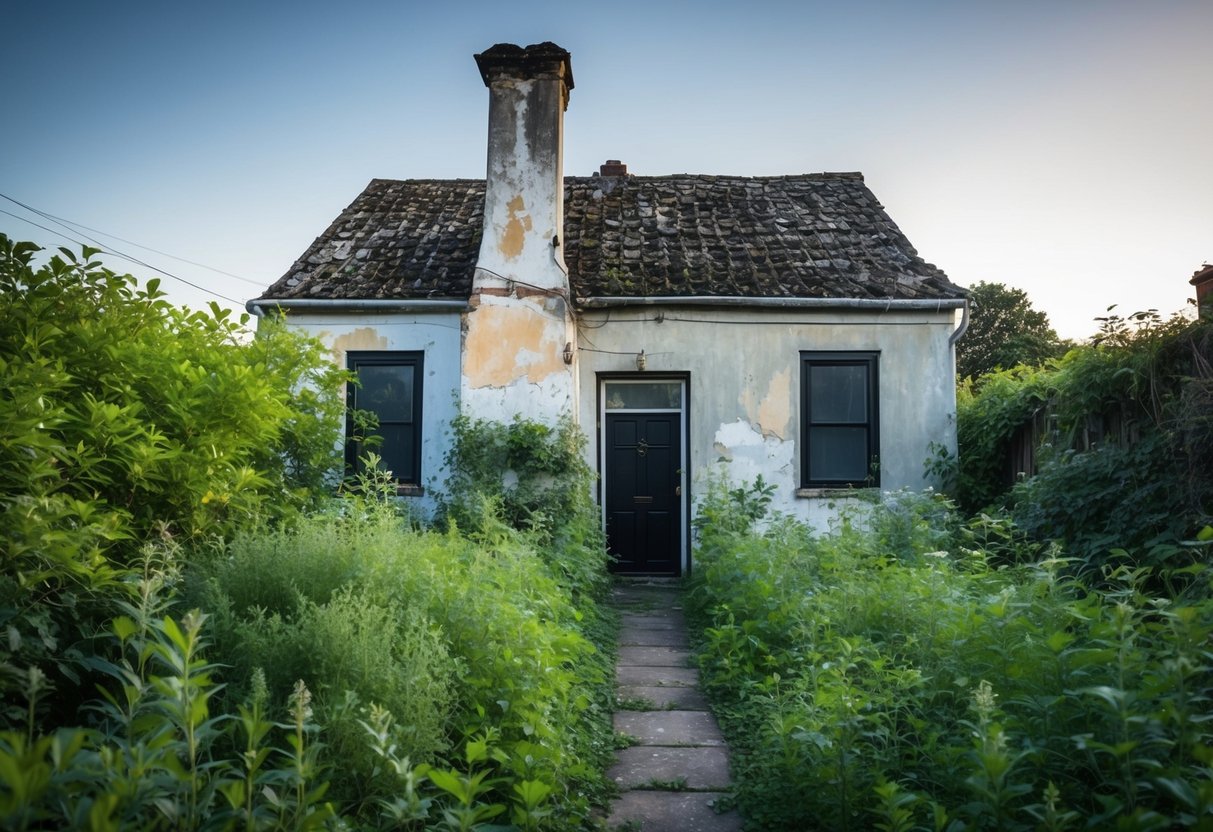 An overgrown garden surrounds a weathered old house with a crooked chimney and peeling paint. The windows are dark and the front door is slightly ajar