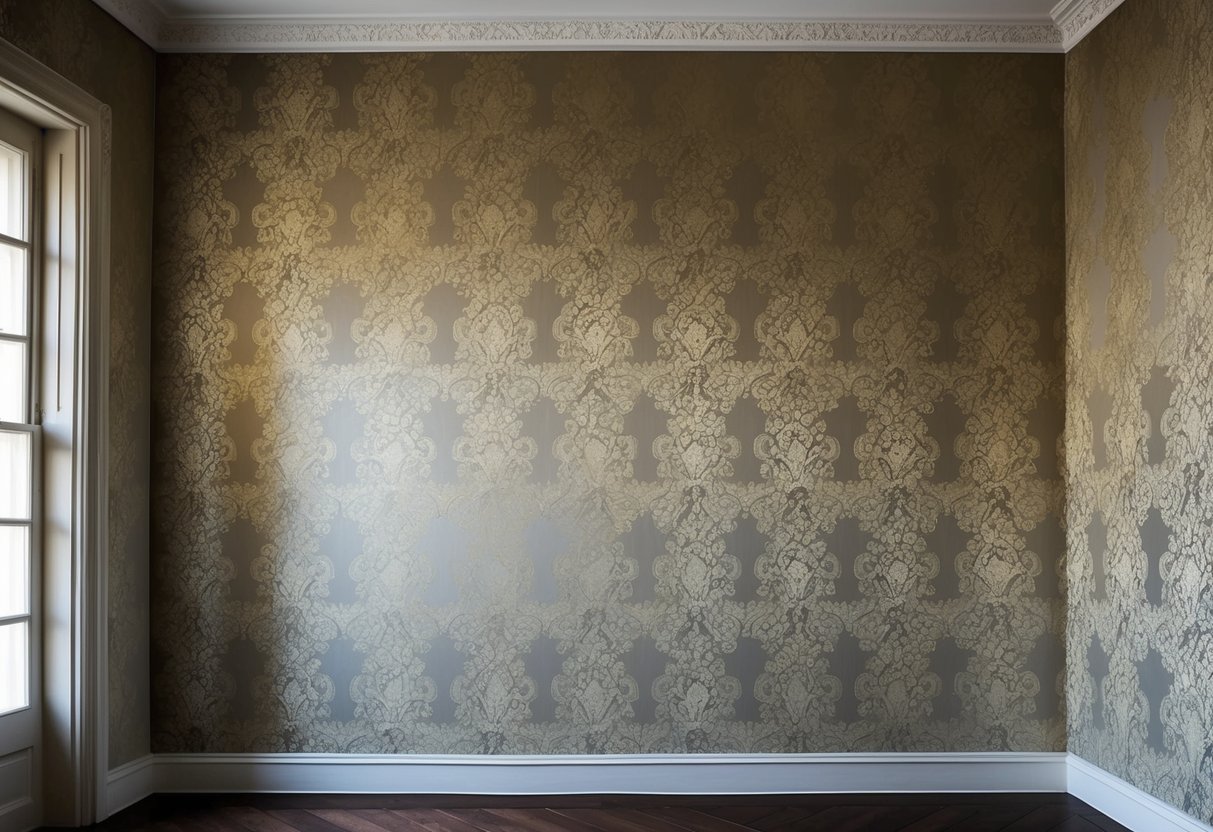 An ornate brocade wallpaper adorns the walls of an old house, adding a touch of vintage elegance to the room