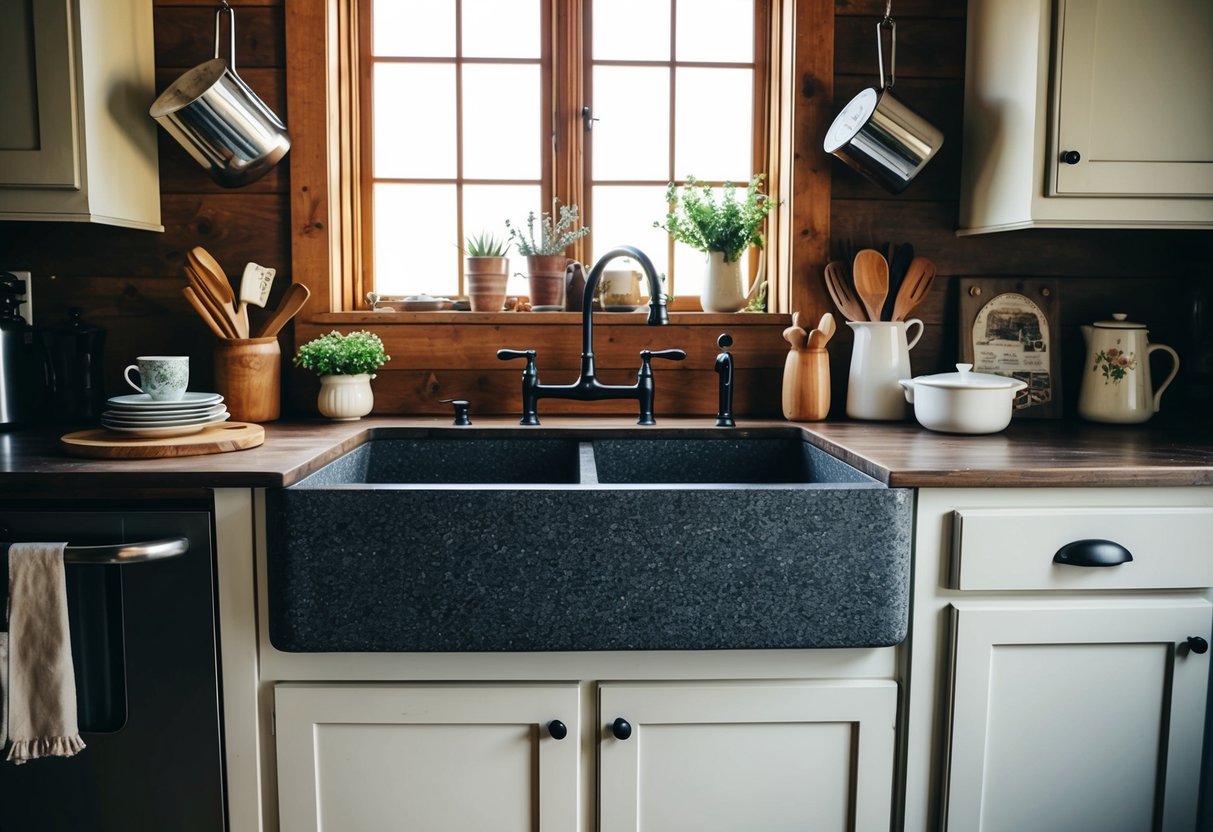 A rustic kitchen with a large granite farmhouse sink surrounded by vintage decor and old-fashioned kitchen utensils