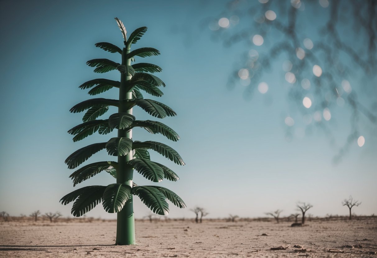 A plastic tree stands tall in a barren landscape, its artificial leaves and branches casting unnatural shadows in the harsh light