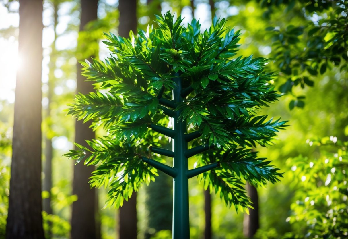 A plastic tree towering over a lush green forest, its synthetic leaves shimmering in the sunlight, standing out among the natural foliage