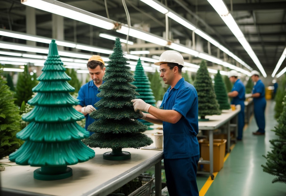 A plastic tree factory in the 1950s, with workers assembling and painting lifelike artificial trees on a bustling production line