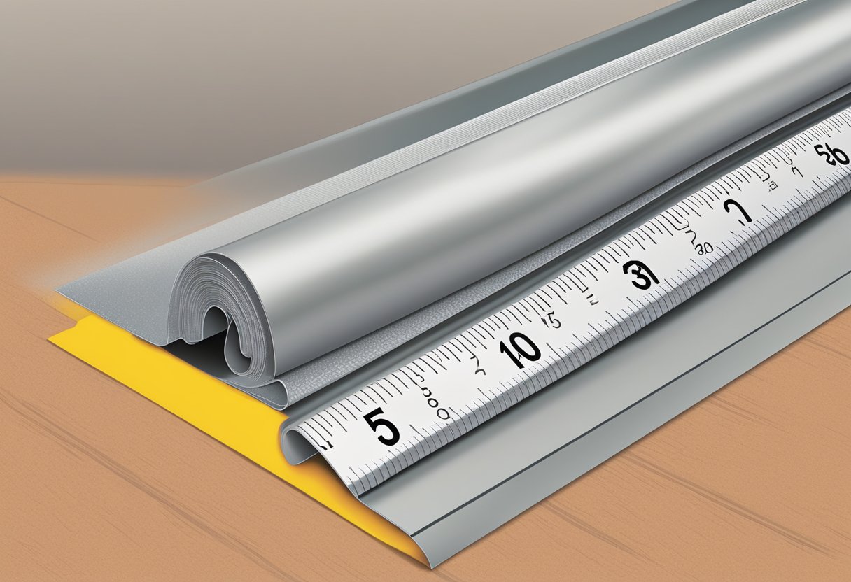 A roll of gutter guard unfurling along a straight ruler, with a price tag per foot displayed nearby