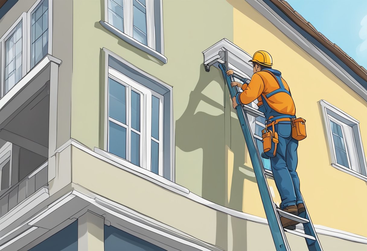 A ladder against a house, with a person using a silicone sealant to repair the leaky gutter joints