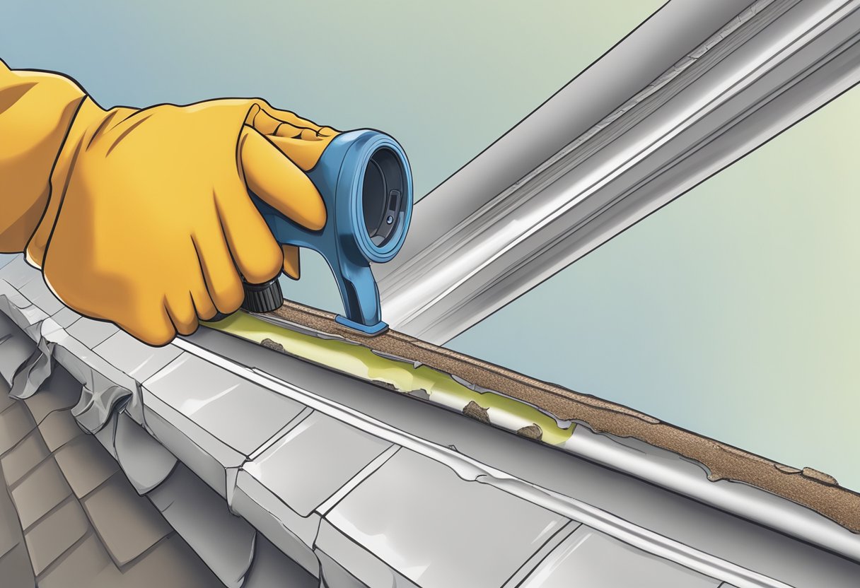 A tube of gutter sealant being applied to a cracked and weathered gutter joint, with a gloved hand holding a caulking gun