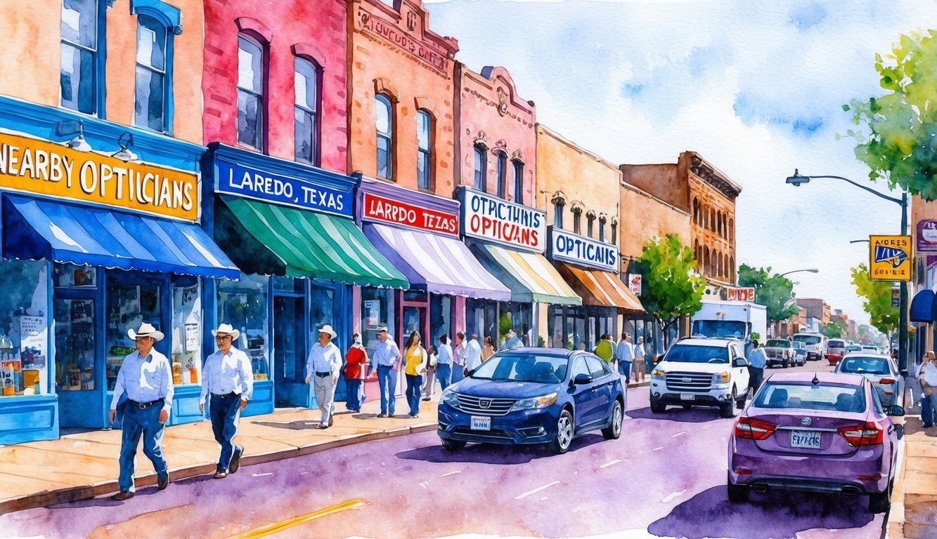 Una calle bulliciosa en Laredo, Texas, con coloridas tiendas y letreros de ópticas cercanas. El tráfico y los peatones ocupan la escena.