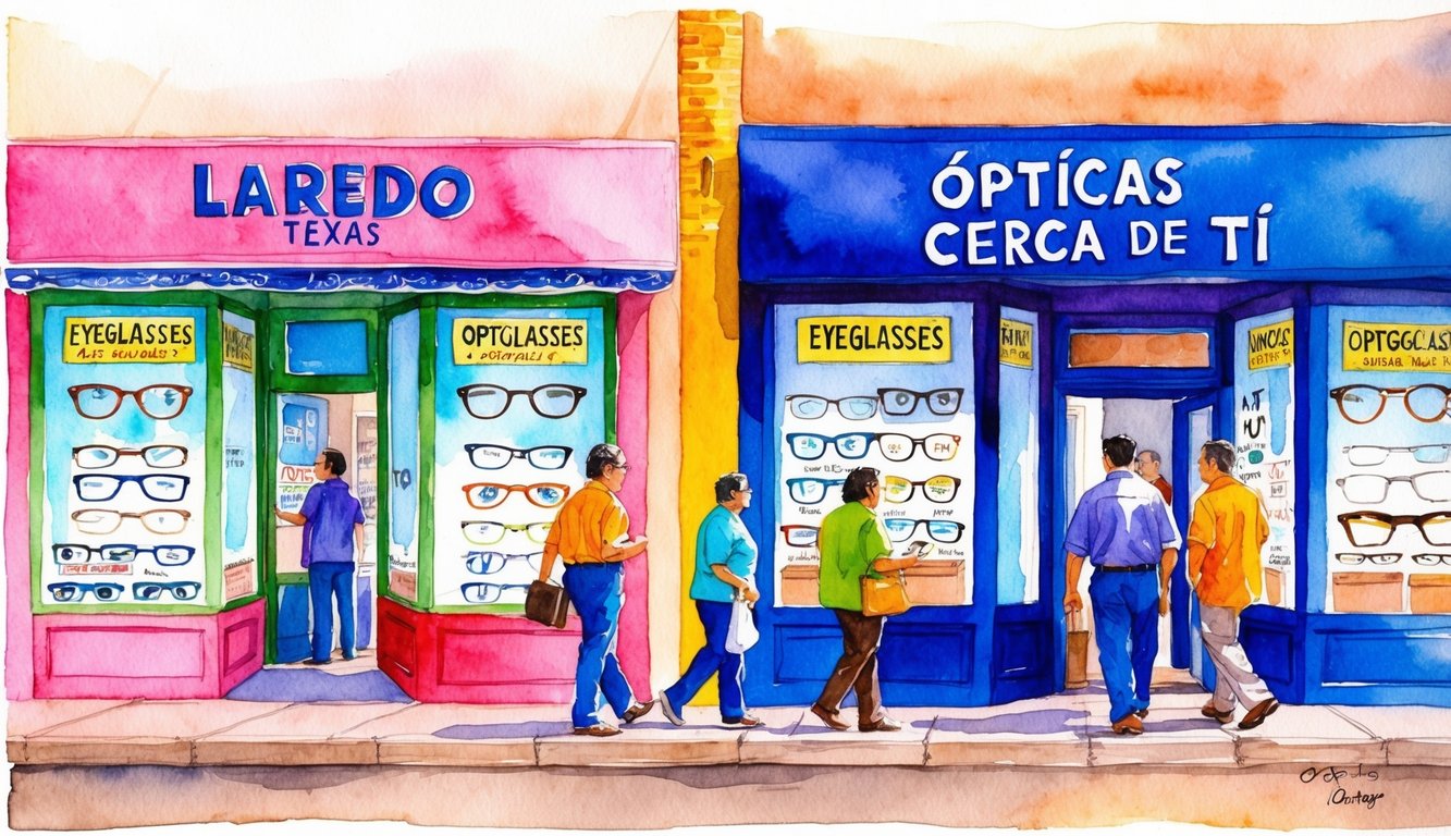 Una calle bulliciosa en Laredo, Texas, con coloridas tiendas que exhiben gafas y servicios de optometría. Los clientes entran y salen de las tiendas, mientras un letrero dice "Ópticas cerca de ti" en letras grandes.