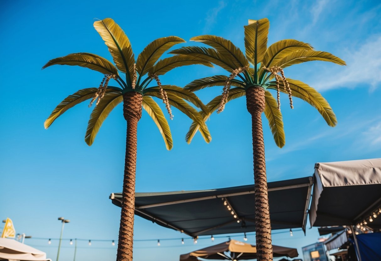 A market stall selling artificial palm trees under a bright blue sky