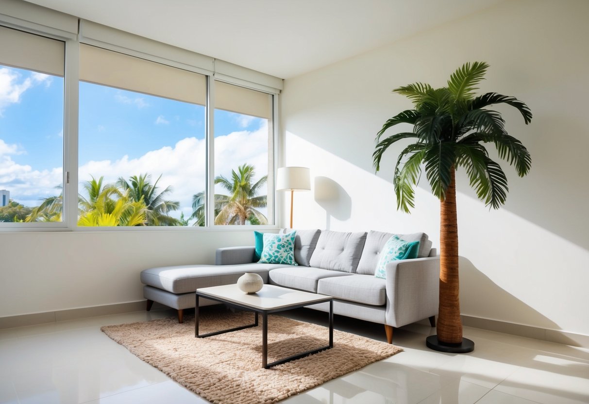 A bright, airy living room with a large window, furnished with a comfortable sofa and a coffee table. In the corner, a tall artificial palm tree adds a touch of tropical greenery to the space