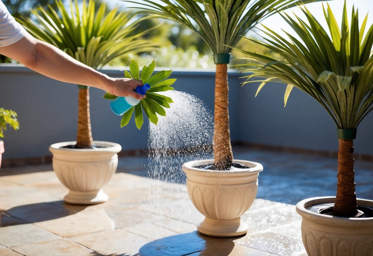 A sunny patio with artificial palms in decorative pots. A person dusts the leaves and sprays them with water